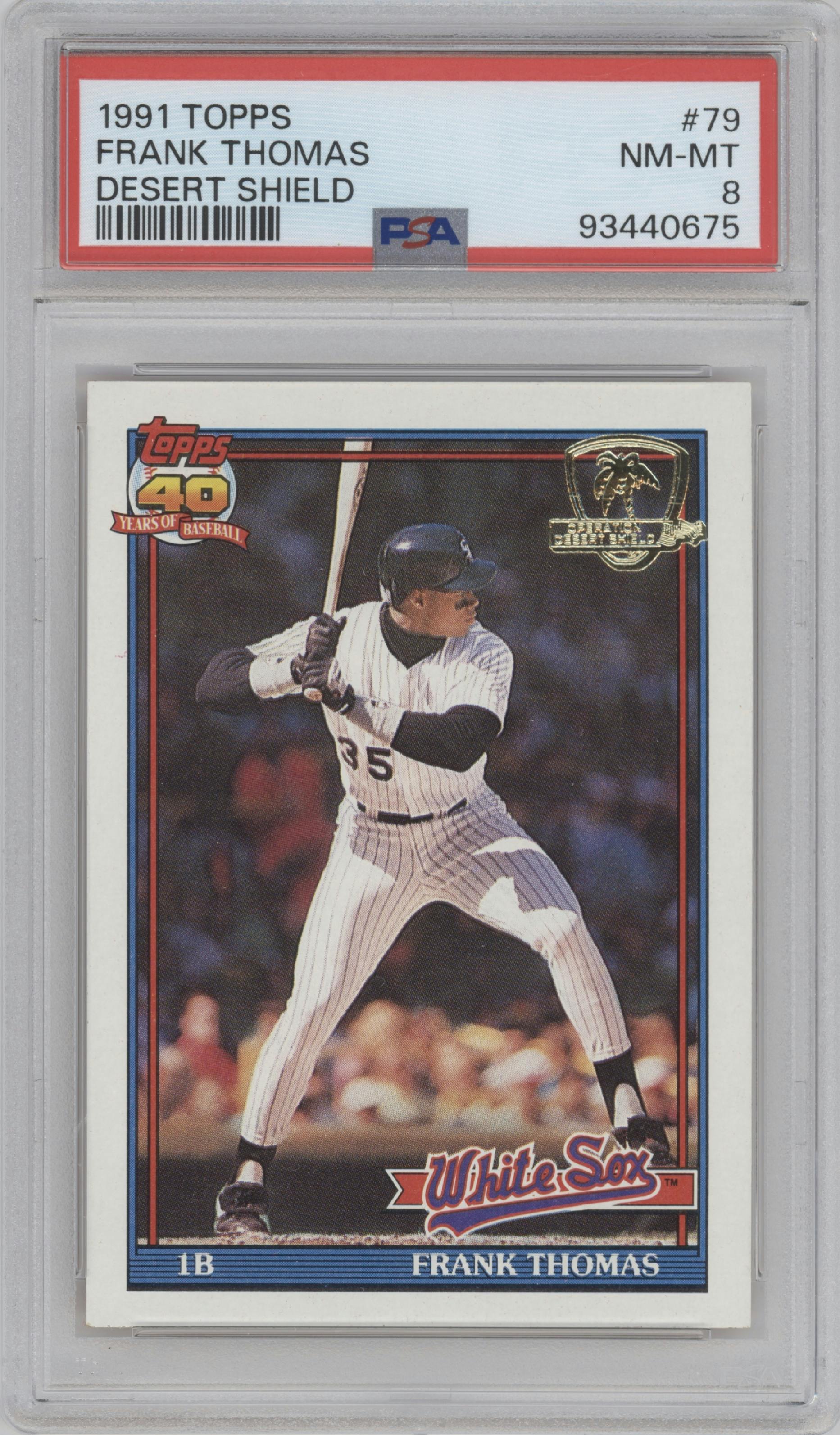 Frank Thomas from the 1991 Topps set featuring a Desert Shield parallel graded by PSA and given an overall grade of 8.