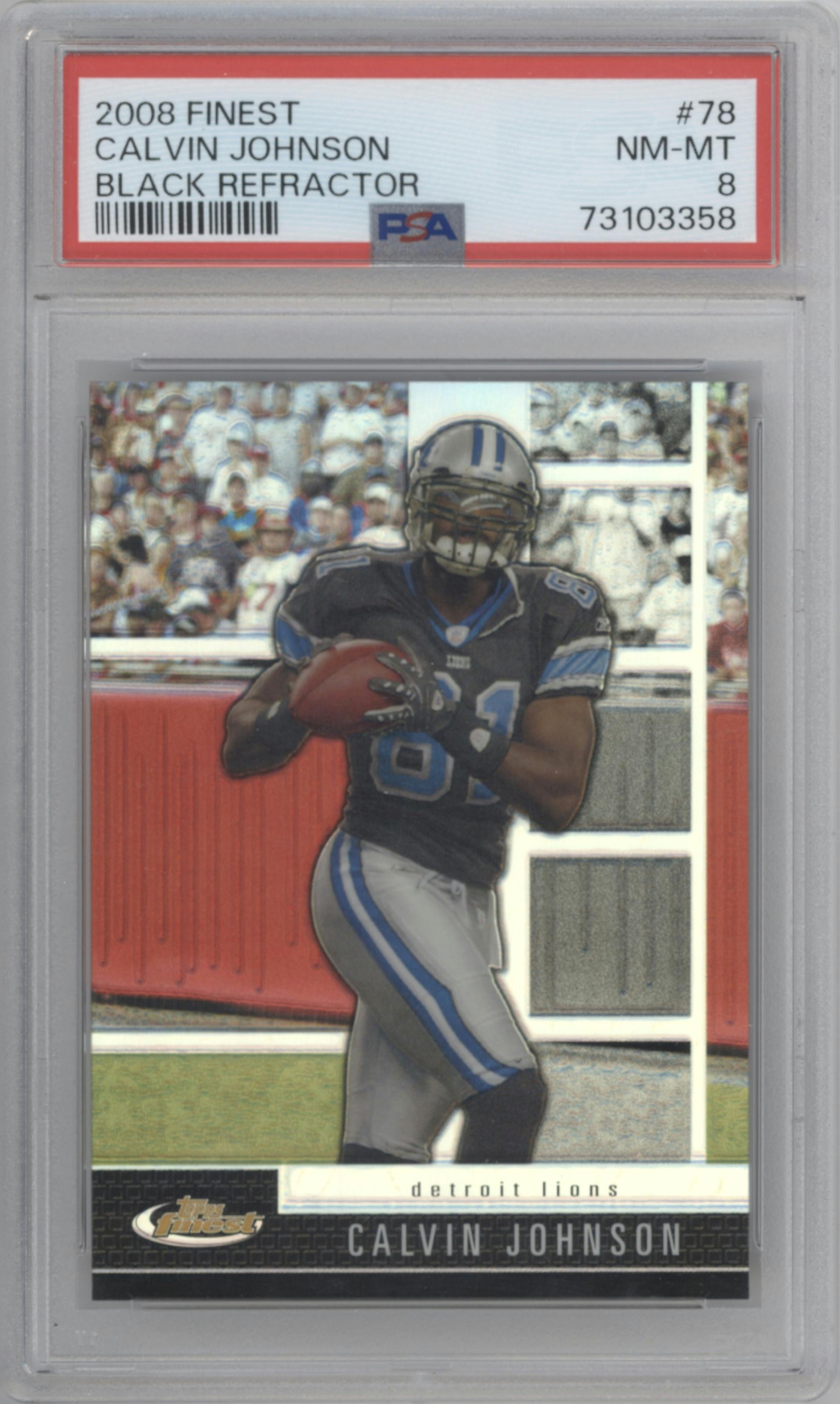 Calvin Johnson from the 2008 Topps Finest set featuring a Black Refractor/Xfractor parallel graded by PSA and given an overall grade of 8.