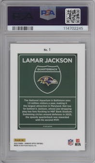 Lamar Jackson from the 2024 Donruss Optic set graded by PSA and given an overall grade of 10.