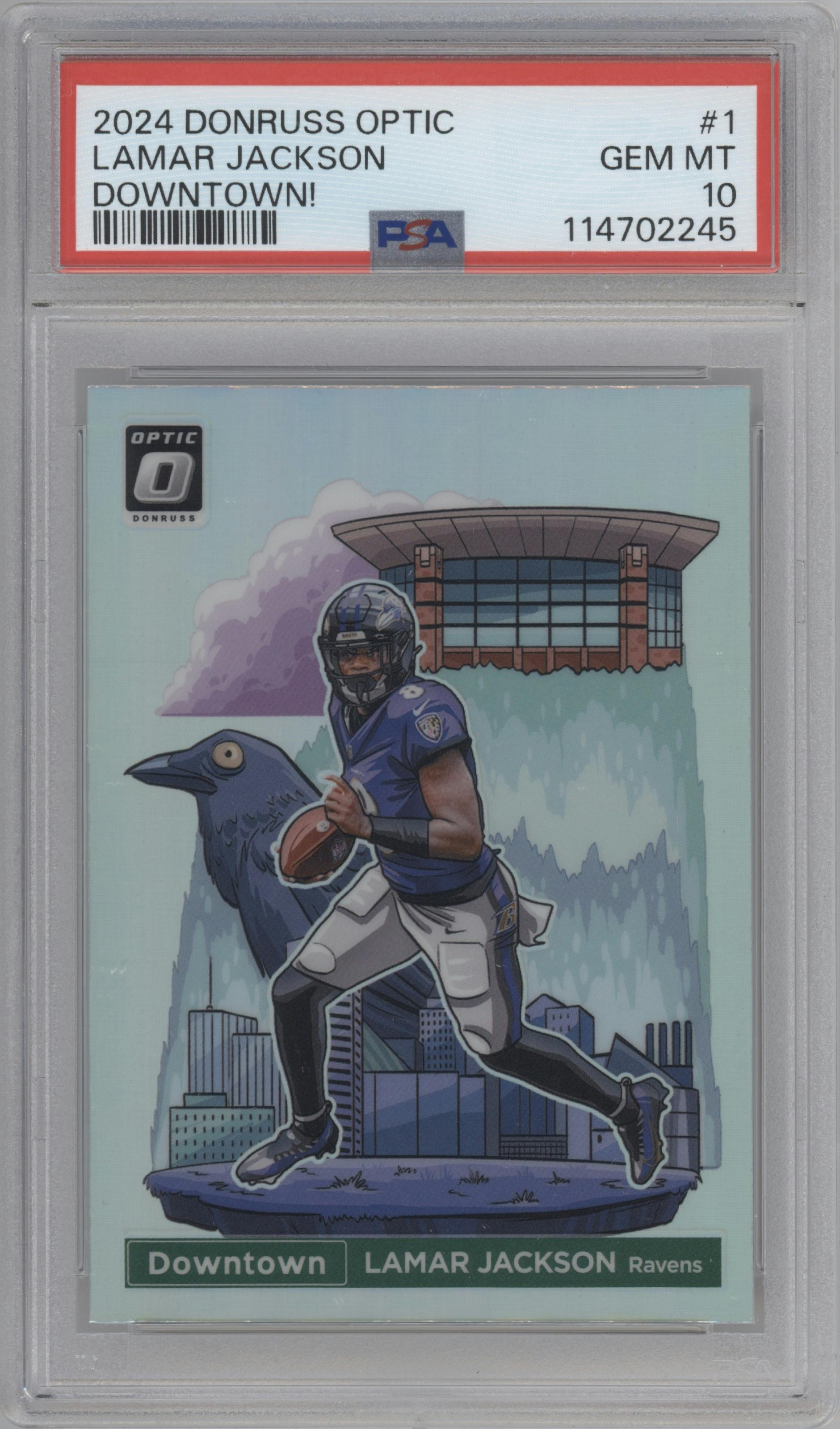 Lamar Jackson from the 2024 Donruss Optic set graded by PSA and given an overall grade of 10.