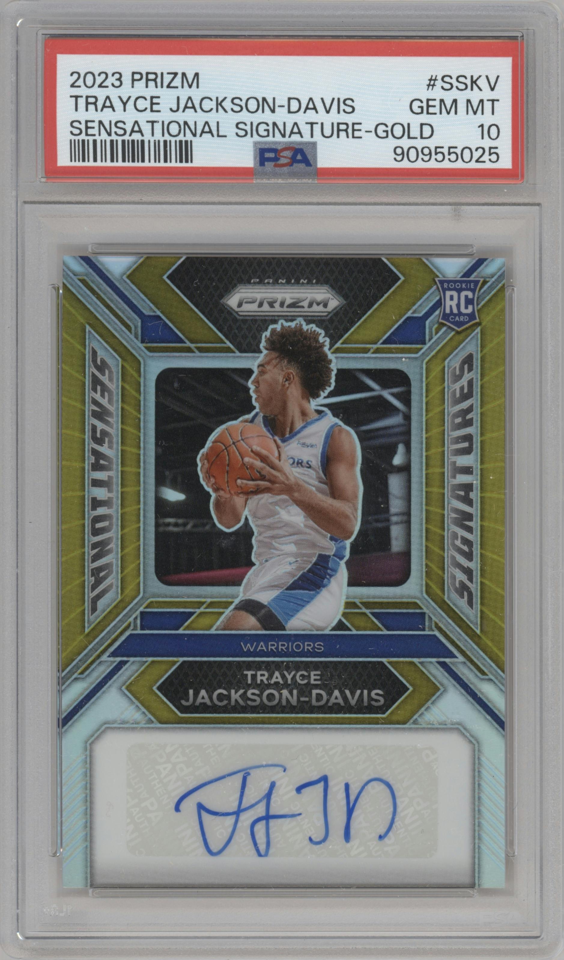 Trayce Jackson-Davis from the 2023-24 Panini Prizm set featuring a Gold Prizm parallel graded by PSA and given an overall grade of 10.