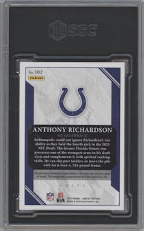 Anthony Richardson from the 2023 Panini Limited set featuring a Emerald Spotlight parallel graded by SGC and given an overall grade of 9.
