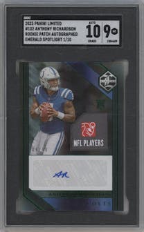 Anthony Richardson from the 2023 Panini Limited set featuring a Emerald Spotlight parallel graded by SGC and given an overall grade of 9.