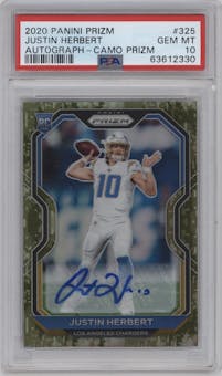 Justin Herbert from the 2020 Panini Prizm set featuring a Camo Prizm parallel graded by PSA and given an overall grade of 10.