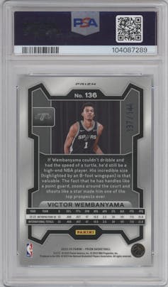 Victor Wembanyama from the 2023-24 Panini Prizm set featuring a Blue Sparkle parallel graded by PSA and given an overall grade of 9.