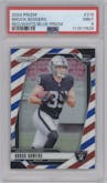 Brock Bowers from the 2024 Panini Prizm set featuring a Red White Blue Prizm parallel graded by PSA and given an overall grade of 9.