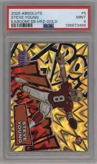 Steve Young from the 2025 Panini Absolute set featuring a Gold parallel graded by PSA and given an overall grade of 9.
