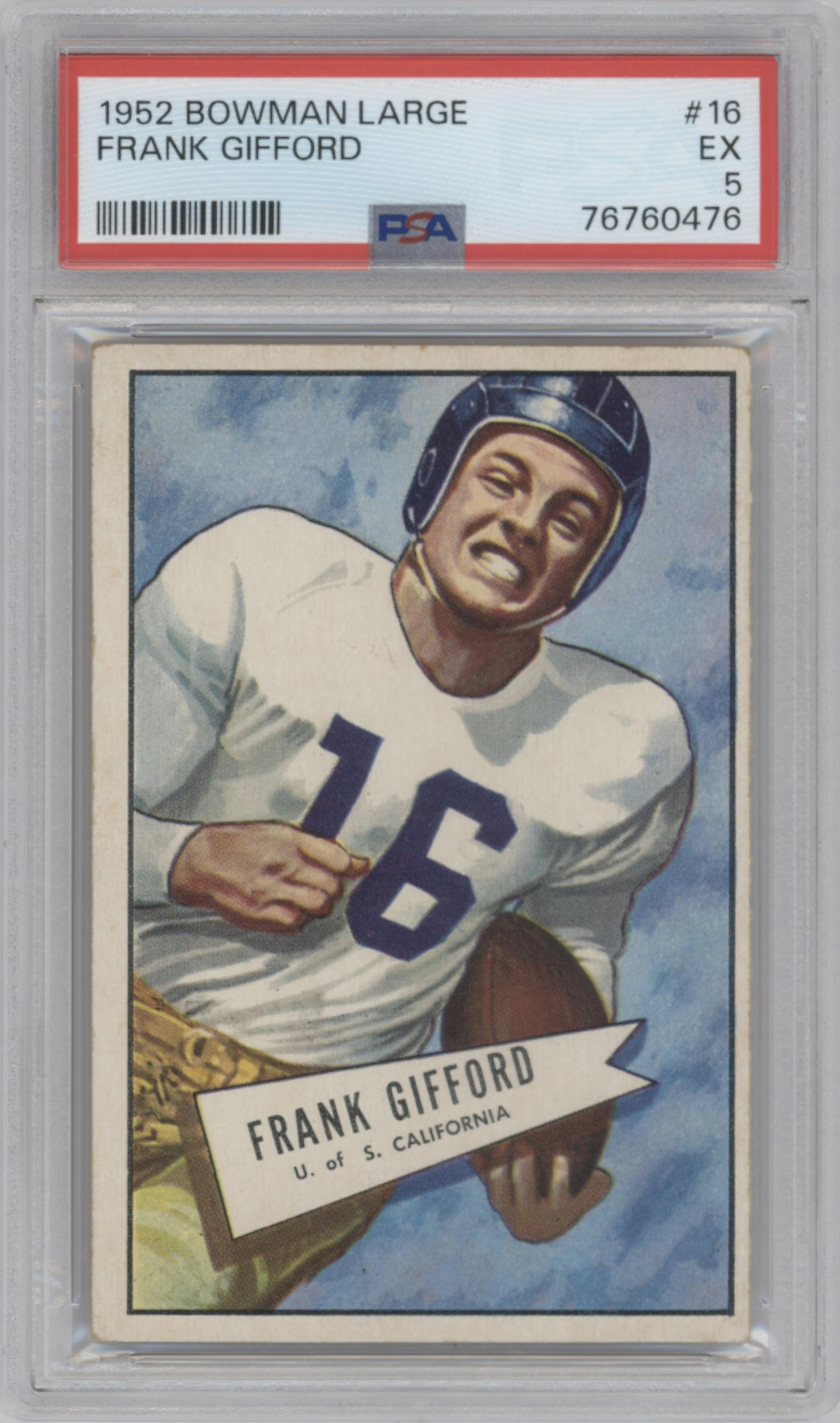 Frank Gifford from the 1952 Bowman Large set graded by PSA and given an overall grade of 5.