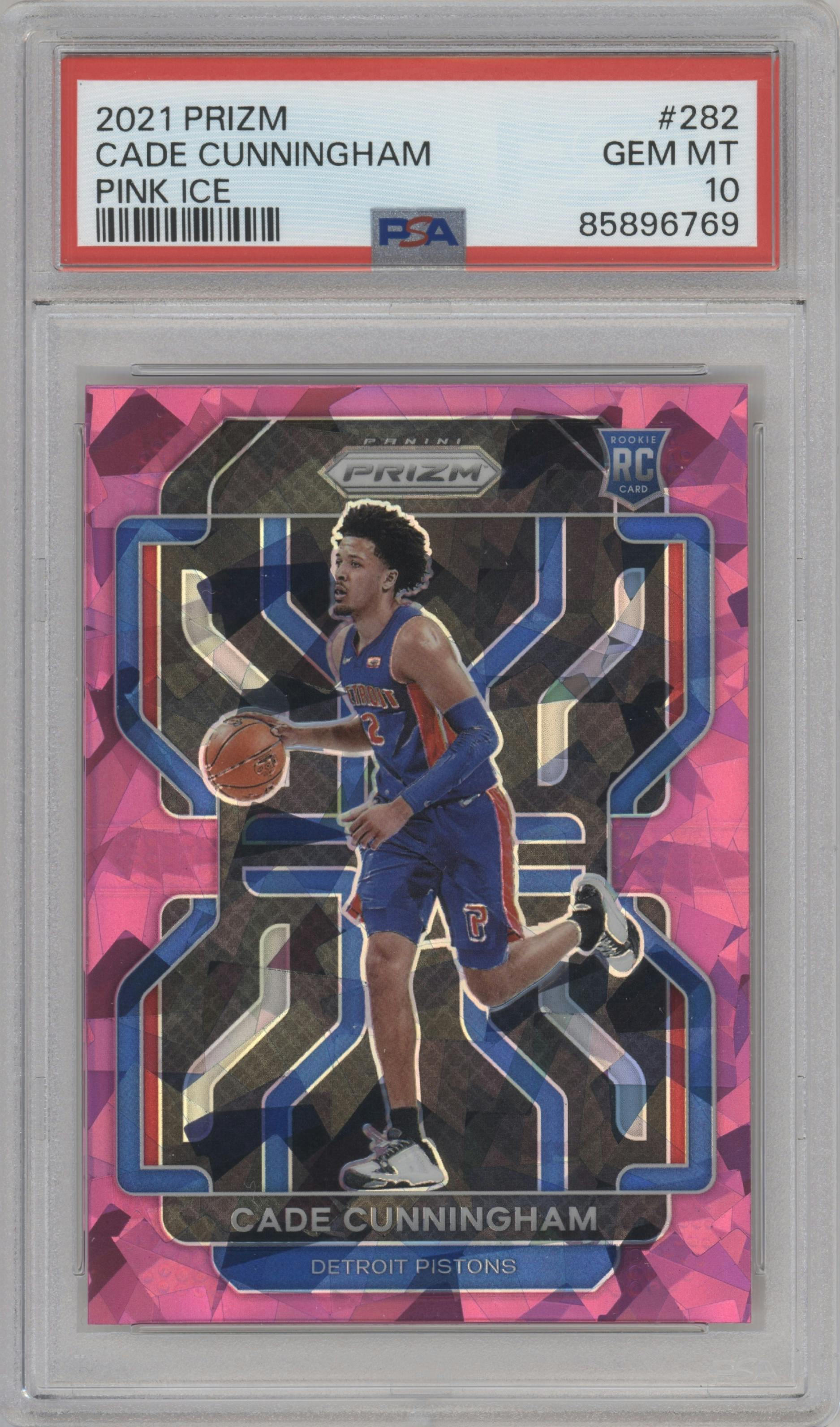 Cade Cunningham from the 2021-22 Panini Prizm  set featuring a Pink Ice parallel graded by PSA and given an overall grade of 10.
