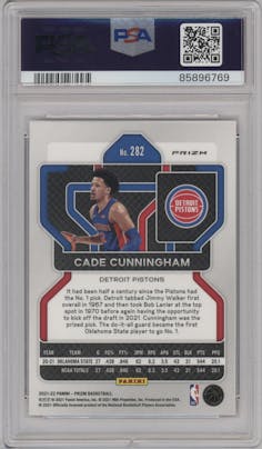 Cade Cunningham from the 2021-22 Panini Prizm  set featuring a Pink Ice parallel graded by PSA and given an overall grade of 10.