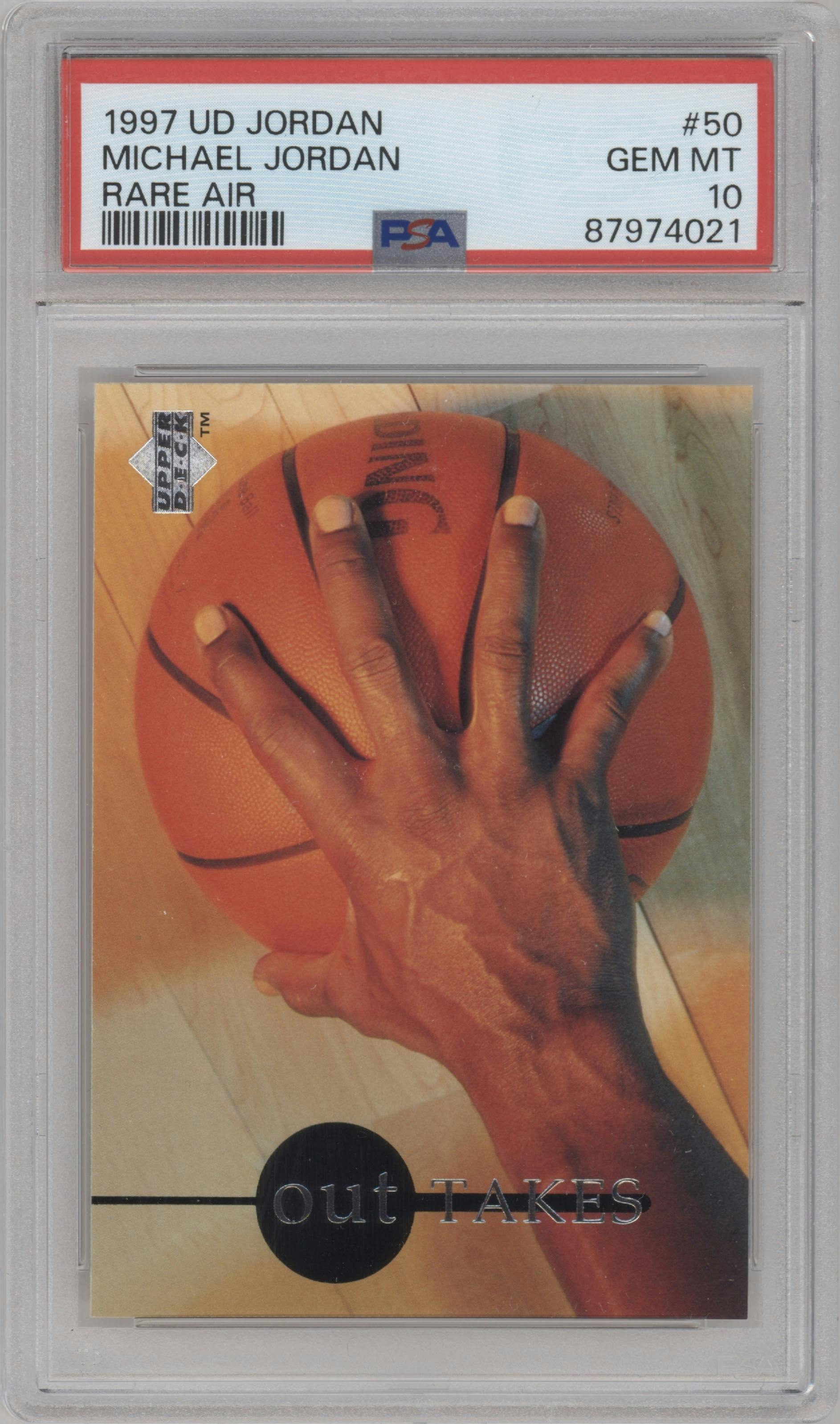 Michael Jordan from the 1997 Upper Deck Michael Jordan Rare Air Tribute Box Set set graded by PSA and given an overall grade of 10.
