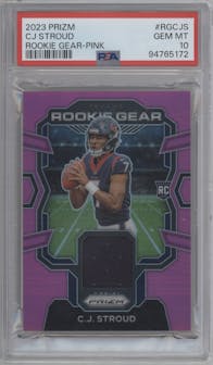 C.J. Stroud from the 2023 Panini Prizm set featuring a Pink parallel graded by PSA and given an overall grade of 10.