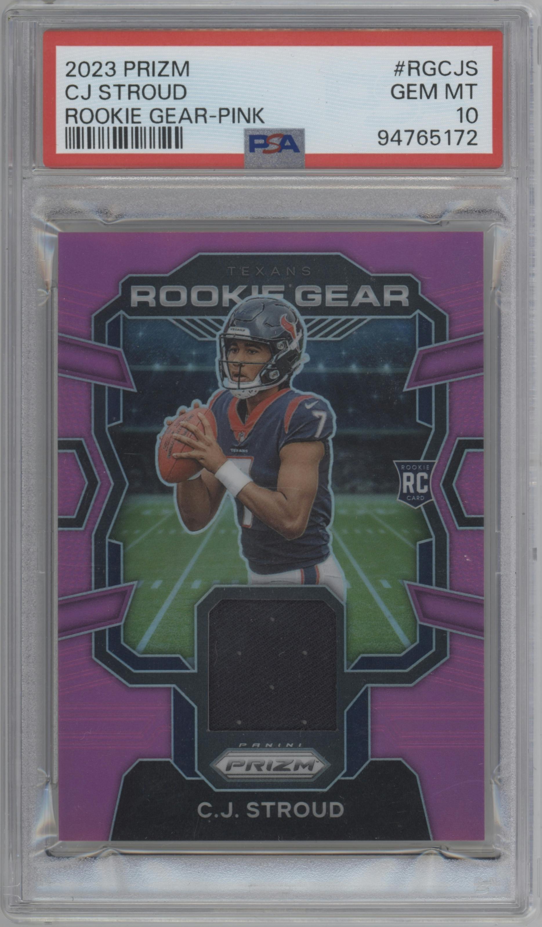 C.J. Stroud from the 2023 Panini Prizm set featuring a Pink parallel graded by PSA and given an overall grade of 10.