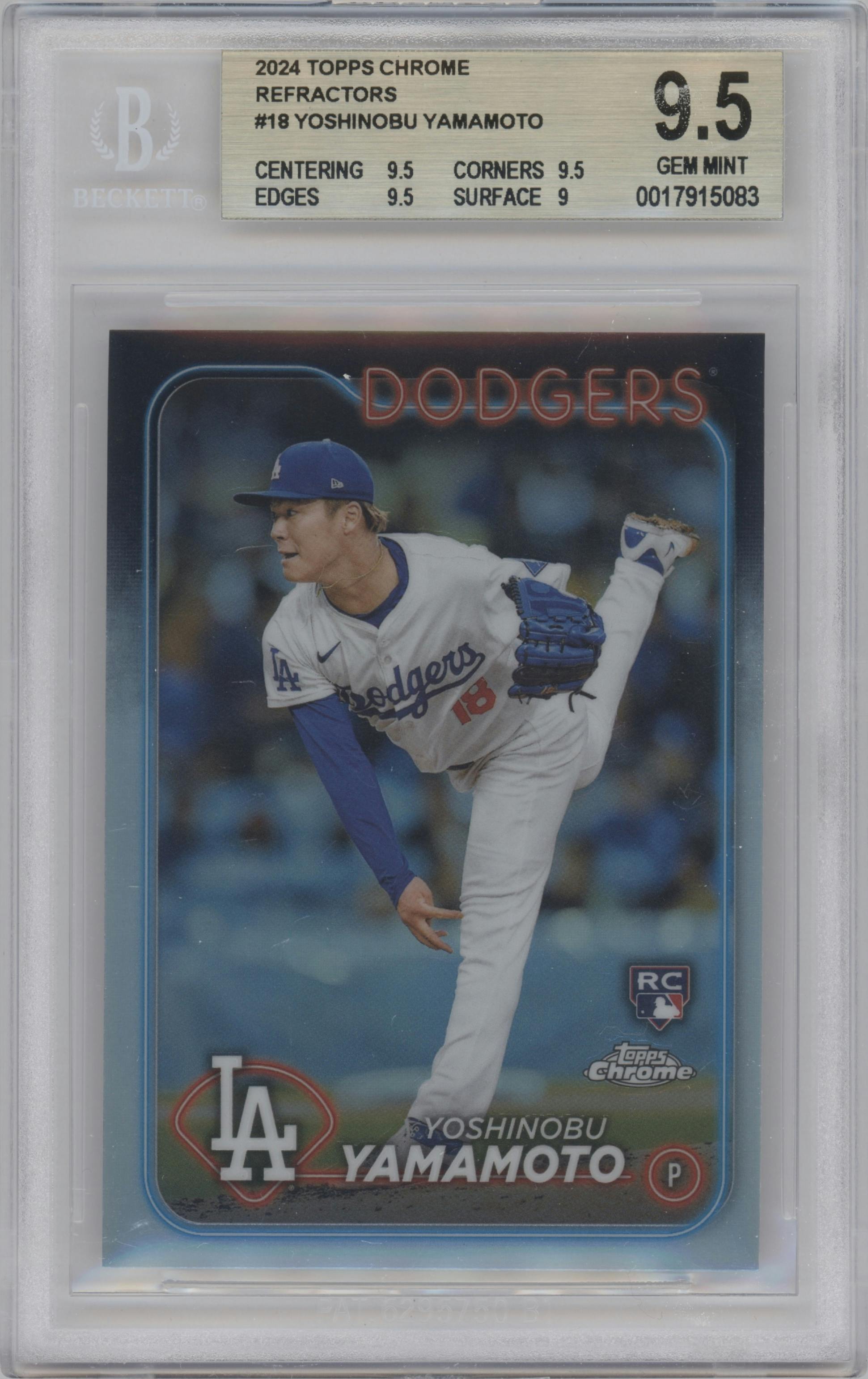 Yoshinobu Yamamoto from the 2024 Topps Chrome set featuring a Refractor parallel graded by Beckett and given an overall grade of 9.5.