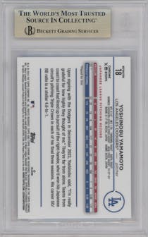 Yoshinobu Yamamoto from the 2024 Topps Chrome set featuring a Refractor parallel graded by Beckett and given an overall grade of 9.5.