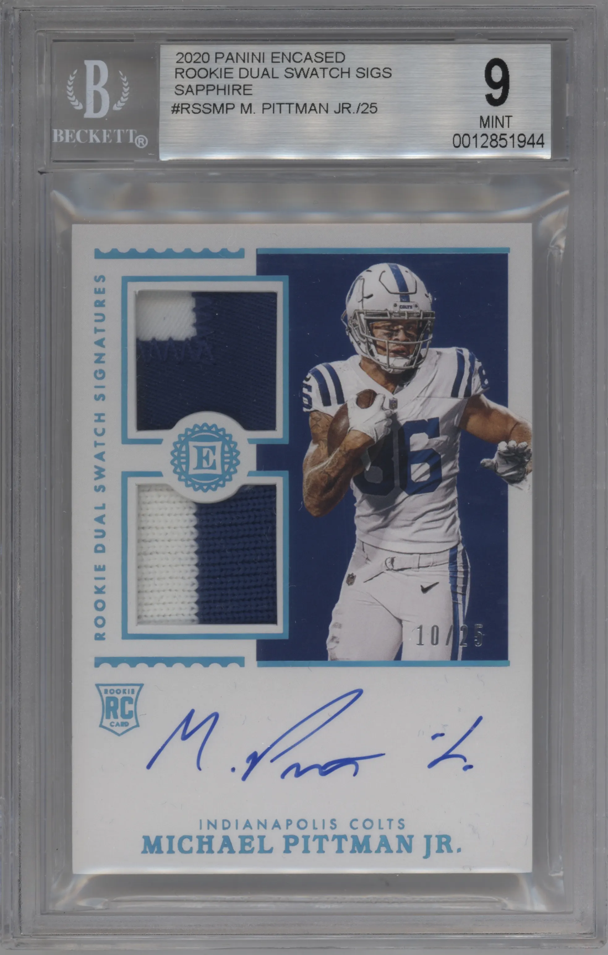 2020 Panini Encased Rke.Dual Swatch Sig. Michael Pittman Jr. Sapphire #RSS-MP BGS 9