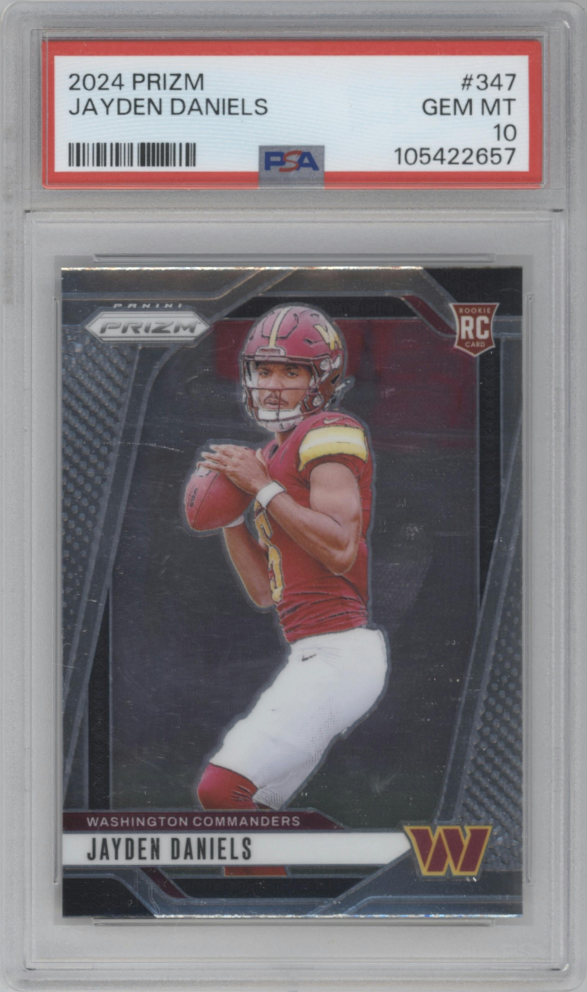 Jayden Daniels from the 2024 Panini Prizm set graded by PSA and given an overall grade of 10.