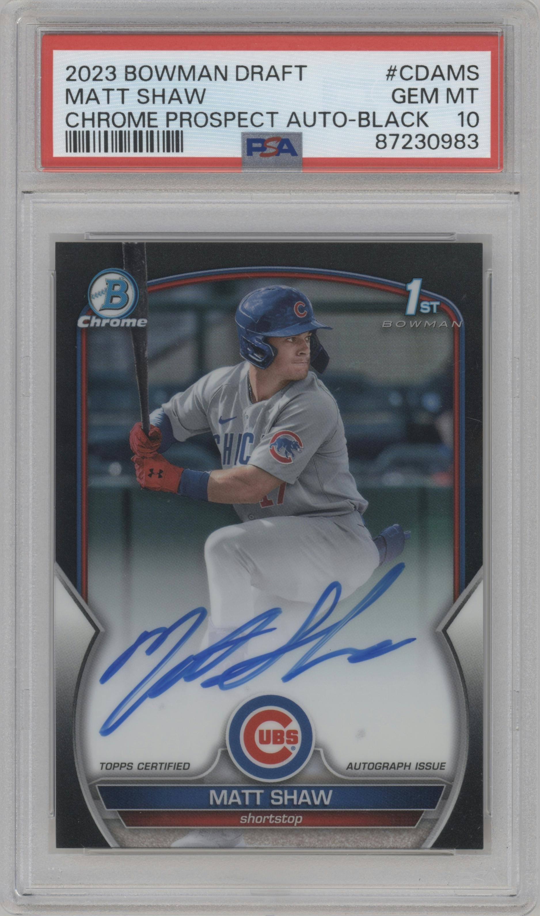 Matt Shaw from the 2023 Bowman Draft set featuring a Black Refractor parallel graded by PSA and given an overall grade of 10.