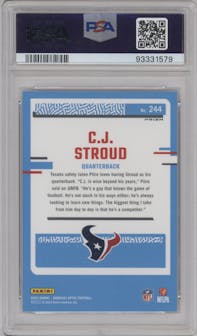 C.J. Stroud from the 2023 Donruss Optic set featuring a Fire parallel graded by PSA and given an overall grade of 10.