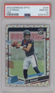 C.J. Stroud from the 2023 Donruss Optic set featuring a Fire parallel graded by PSA and given an overall grade of 10.
