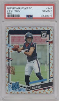 C.J. Stroud from the 2023 Donruss Optic set featuring a Fire parallel graded by PSA and given an overall grade of 10.