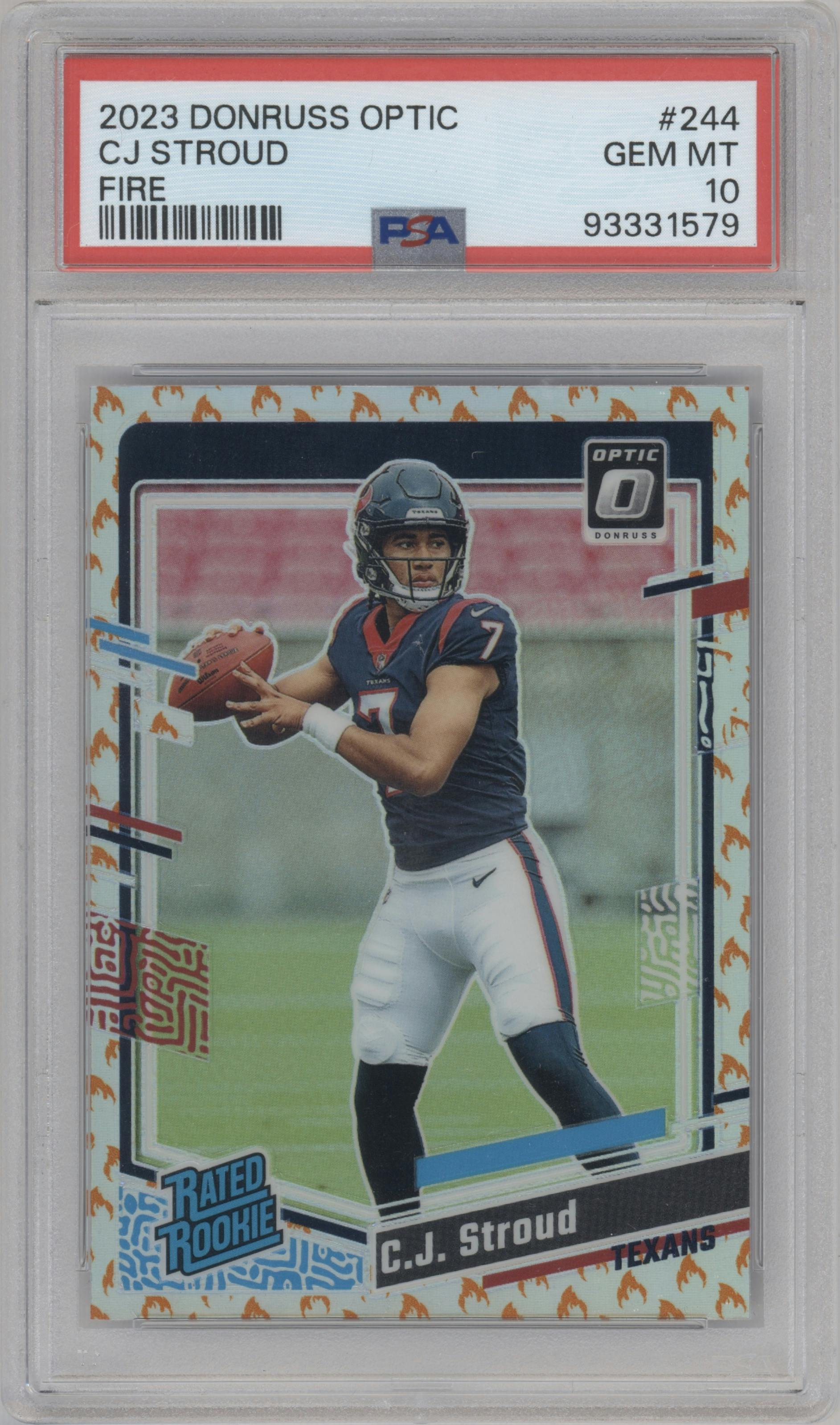 C.J. Stroud from the 2023 Donruss Optic set featuring a Fire parallel graded by PSA and given an overall grade of 10.
