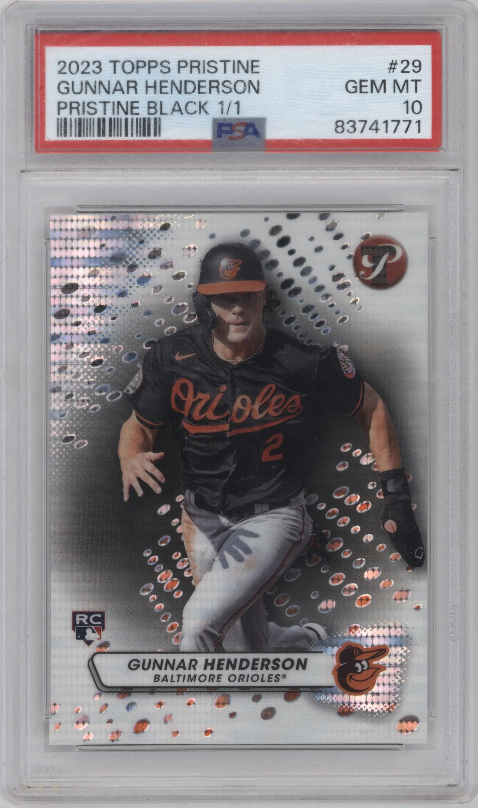 Gunnar Henderson from the 2023 Topps Pristine set featuring a Black Pristine Pulsar Refractor parallel graded by PSA and given an overall grade of 10.