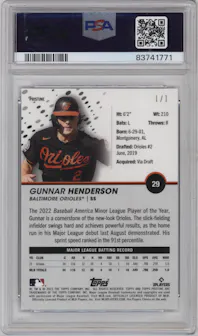 Gunnar Henderson from the 2023 Topps Pristine set featuring a Black Pristine Pulsar Refractor parallel graded by PSA and given an overall grade of 10.