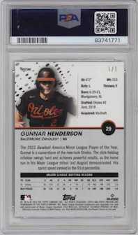 Gunnar Henderson from the 2023 Topps Pristine set featuring a Black Pristine Pulsar Refractor parallel graded by PSA and given an overall grade of 10.