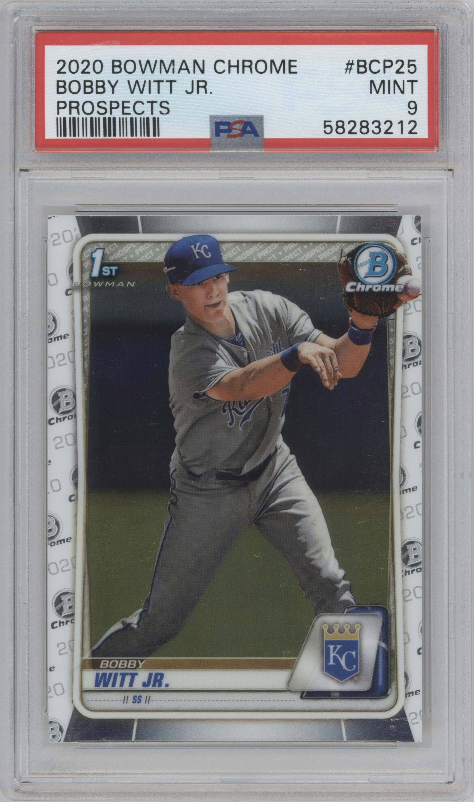 Bobby Witt Jr. from the 2020 Bowman set graded by PSA and given an overall grade of 9.