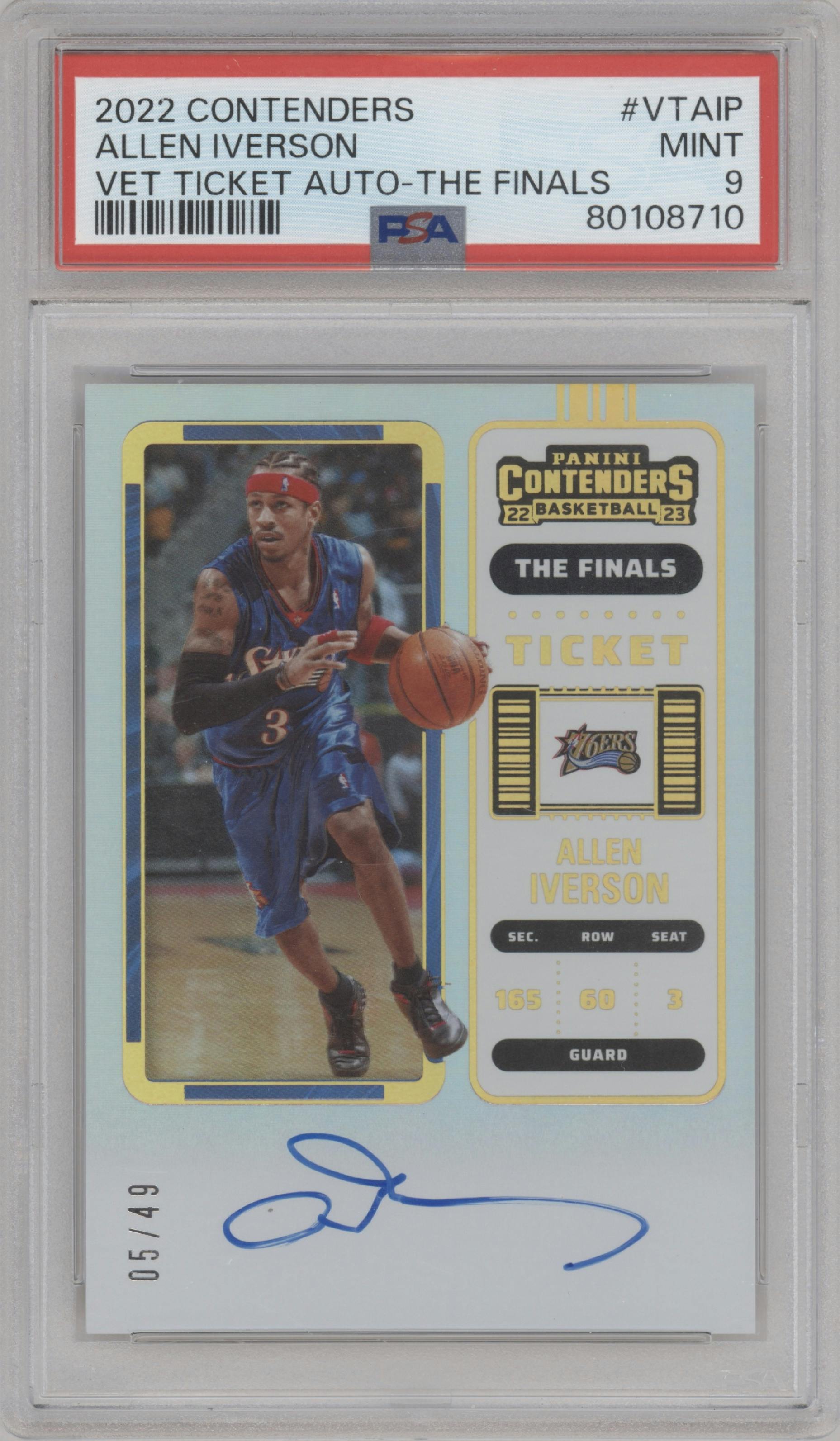 Allen Iverson from the 2022-23 Panini Contenders set featuring a The Finals parallel graded by PSA and given an overall grade of 9.