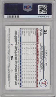 Evan Carter from the 2024 Topps  set featuring a Gold Foil parallel graded by PSA and given an overall grade of 10.