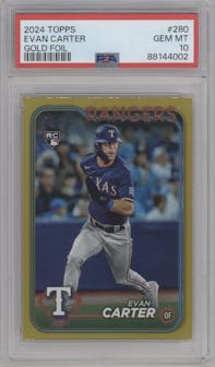 Evan Carter from the 2024 Topps  set featuring a Gold Foil parallel graded by PSA and given an overall grade of 10.