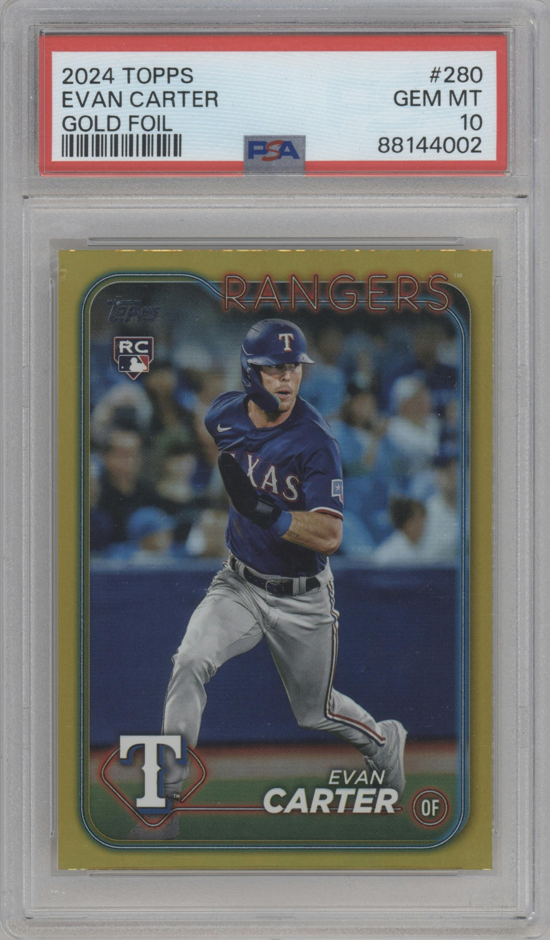 Evan Carter from the 2024 Topps  set featuring a Gold Foil parallel graded by PSA and given an overall grade of 10.