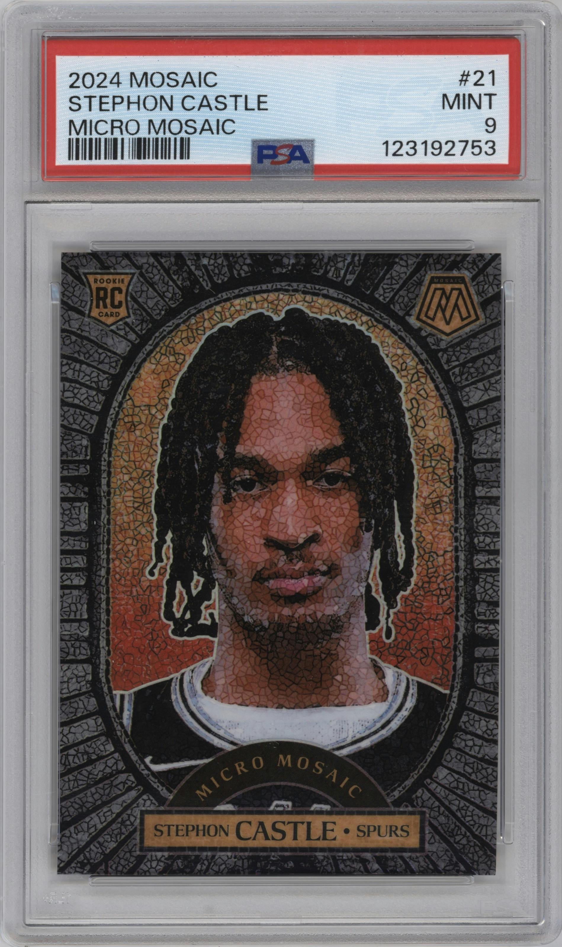 Stephon Castle from the 2024-25 Panini Mosaic set graded by PSA and given an overall grade of 9.