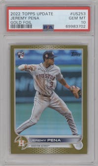 Jeremy Pena from the 2022 Topps Update  set featuring a Gold Foil parallel graded by PSA and given an overall grade of 10.