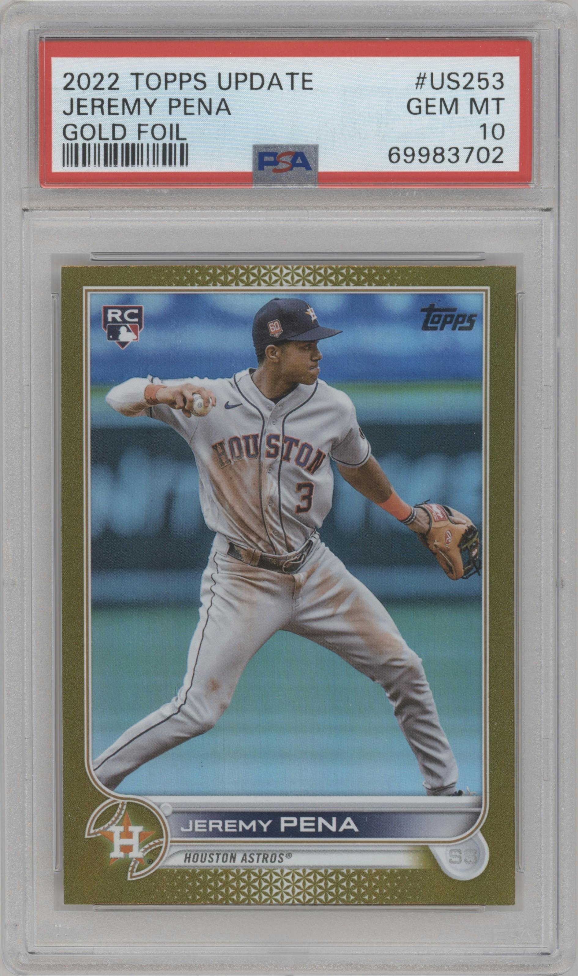 Jeremy Pena from the 2022 Topps Update  set featuring a Gold Foil parallel graded by PSA and given an overall grade of 10.