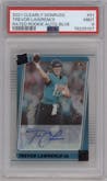 Trevor Lawrence from the 2021 Panini Clearly Donruss set featuring a Blue parallel graded by PSA and given an overall grade of 9.