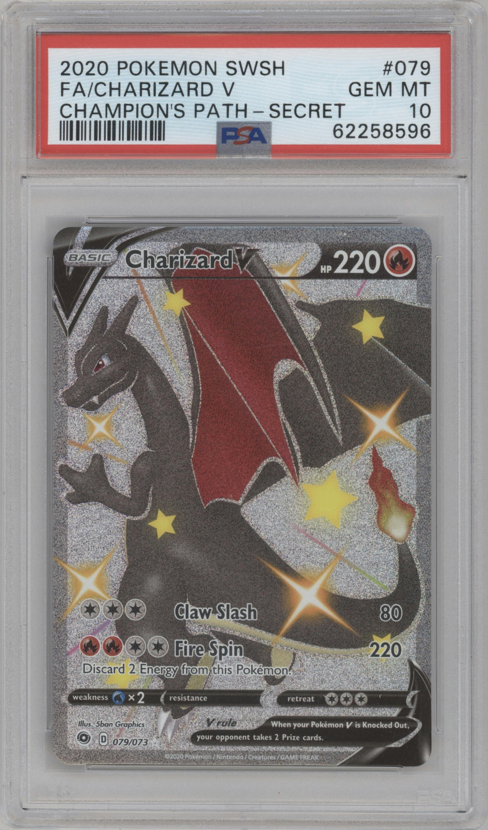Charizard V from the 2020 Pokemon SWSH set graded by PSA and given an overall grade of 10.