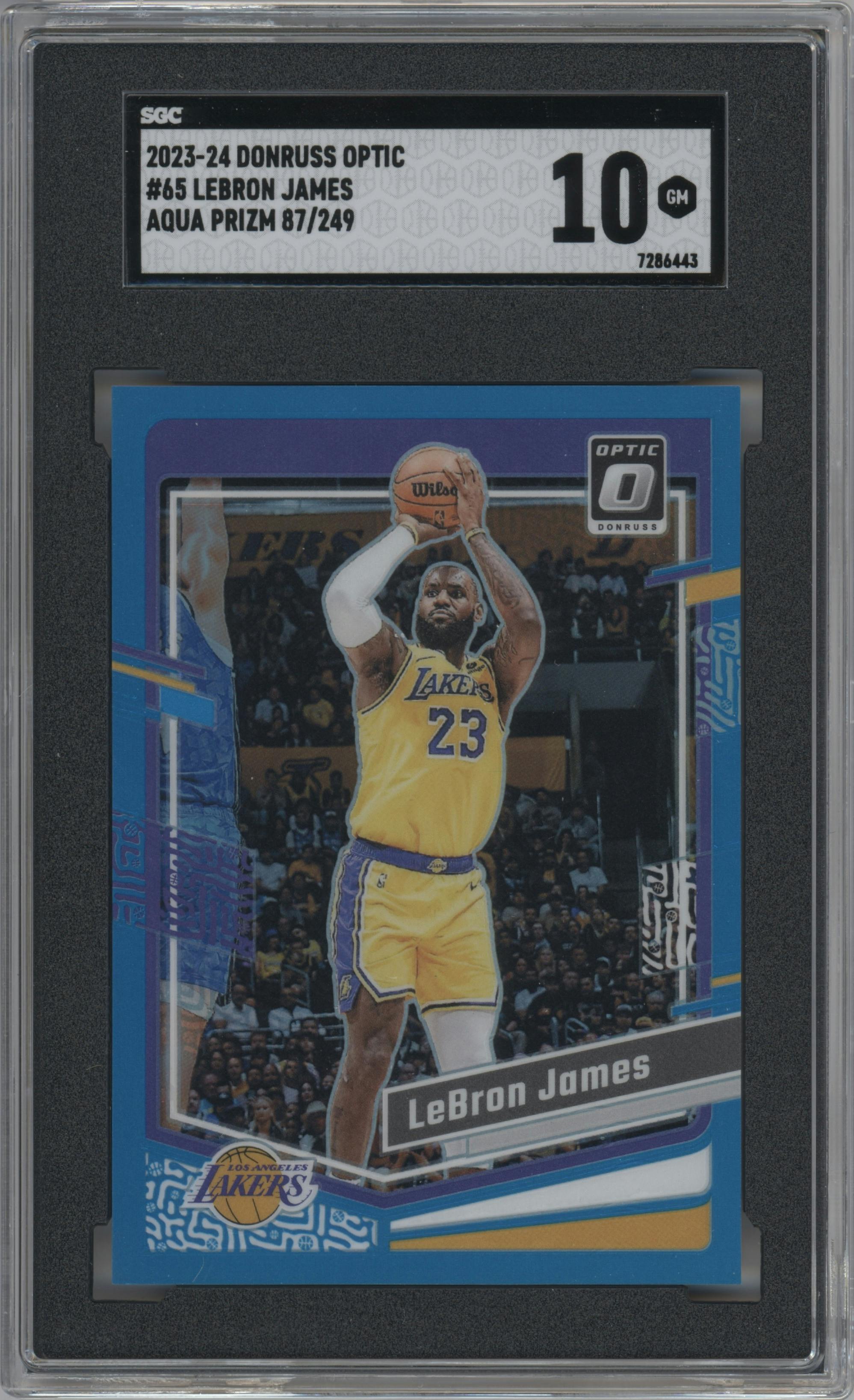 LeBron James from the 2023-24 Donruss Optic set featuring a Aqua parallel graded by SGC and given an overall grade of 10.