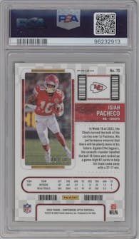Isiah Pacheco from the 2022 Panini Contenders Optic set featuring a Green Pulsar parallel graded by PSA and given an overall grade of 10.
