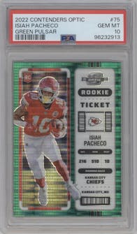 Isiah Pacheco from the 2022 Panini Contenders Optic set featuring a Green Pulsar parallel graded by PSA and given an overall grade of 10.