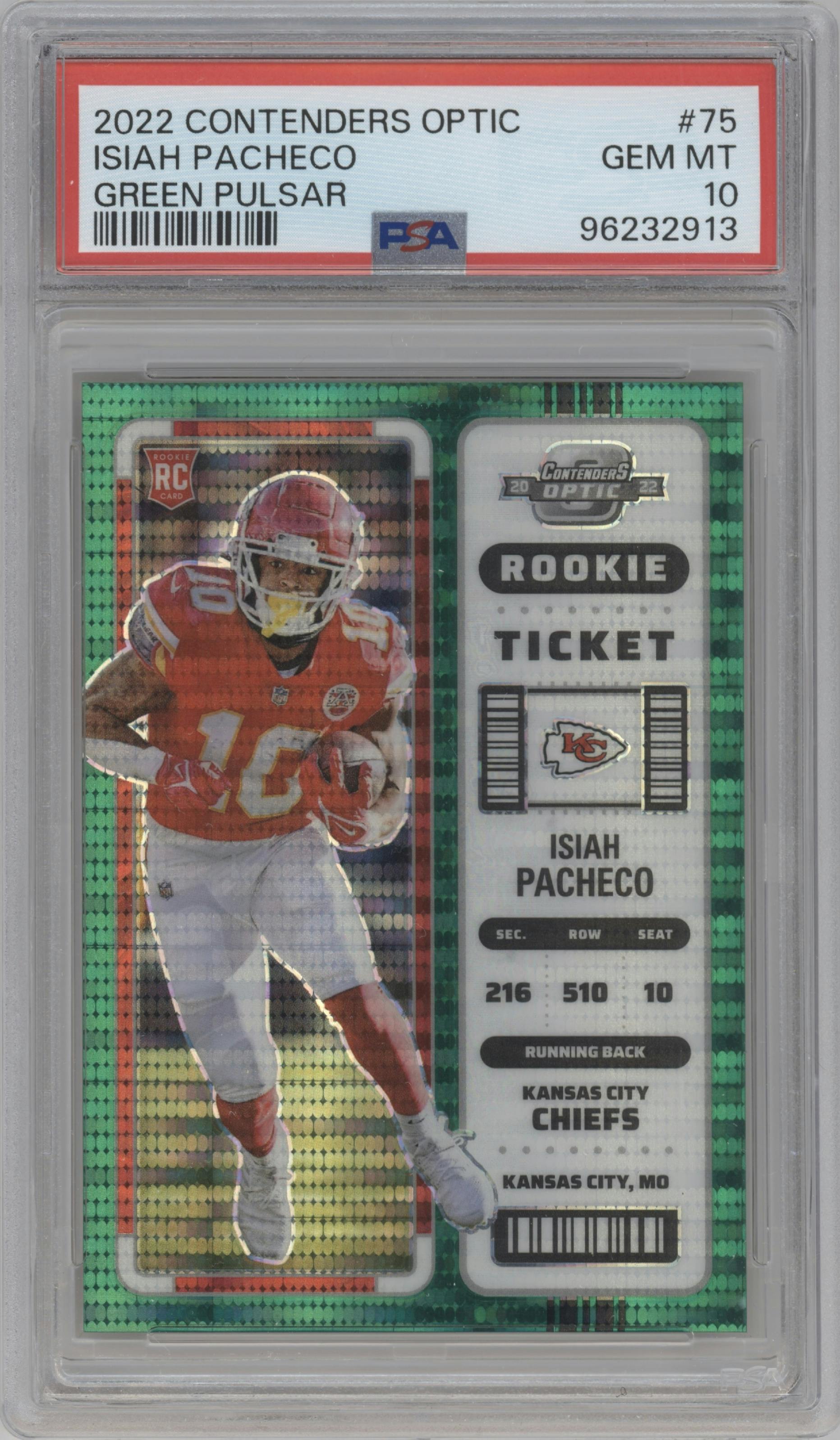 Isiah Pacheco from the 2022 Panini Contenders Optic set featuring a Green Pulsar parallel graded by PSA and given an overall grade of 10.