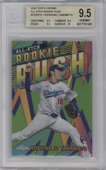 Yoshinobu Yamamoto from the 2024 Topps Chrome set graded by Beckett and given an overall grade of 9.5.
