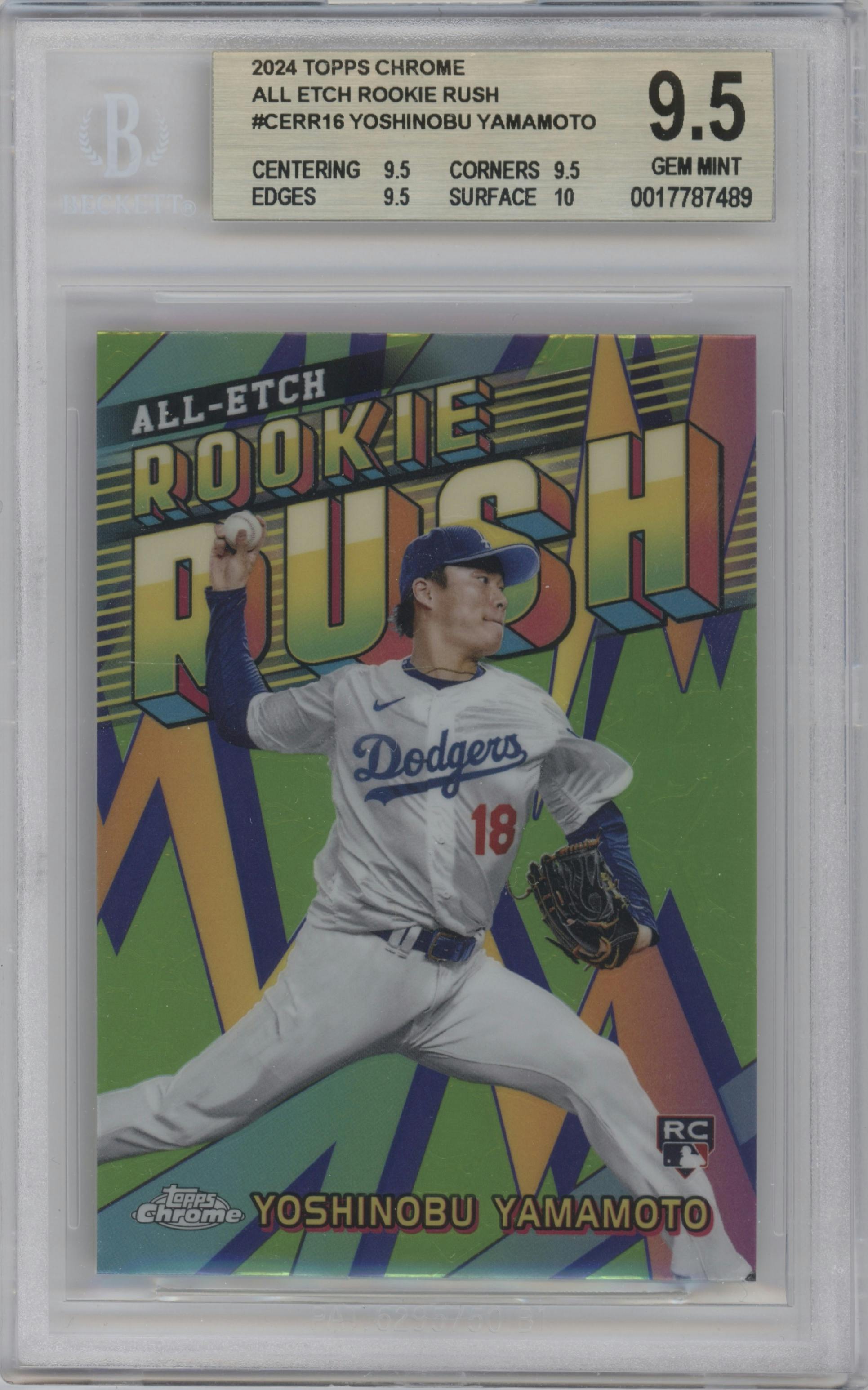 Yoshinobu Yamamoto from the 2024 Topps Chrome set graded by Beckett and given an overall grade of 9.5.