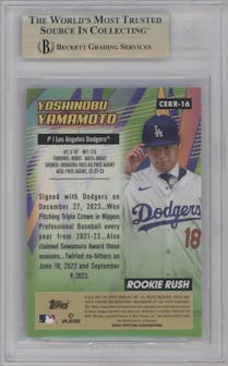 Yoshinobu Yamamoto from the 2024 Topps Chrome set graded by Beckett and given an overall grade of 9.5.