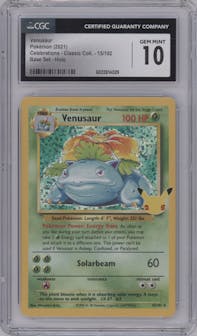 Venusaur from the 2021 Pokemon SWSH set featuring a Base Set parallel graded by CSG and given an overall grade of 10.