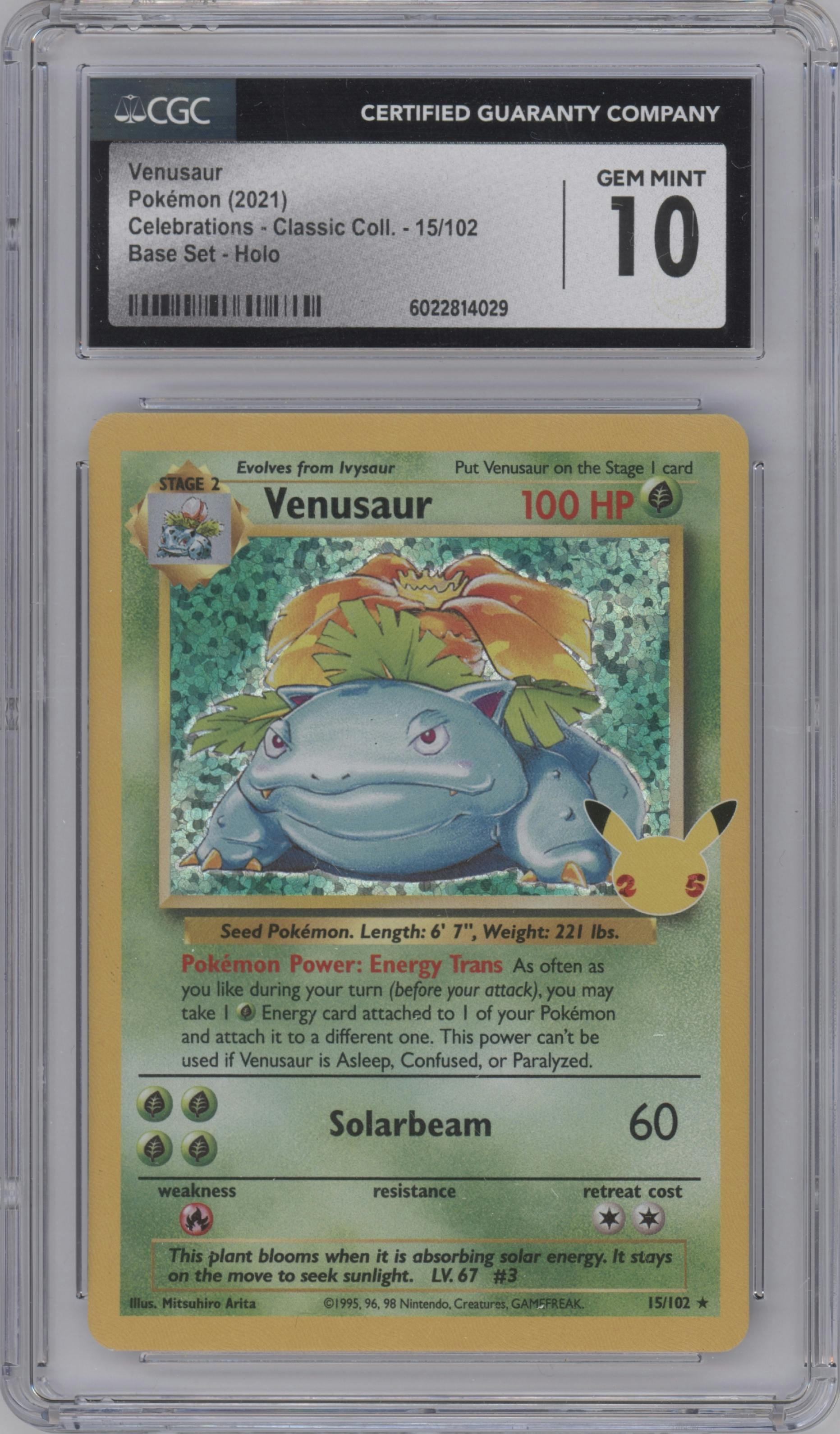 Venusaur from the 2021 Pokemon SWSH set featuring a Base Set parallel graded by CSG and given an overall grade of 10.