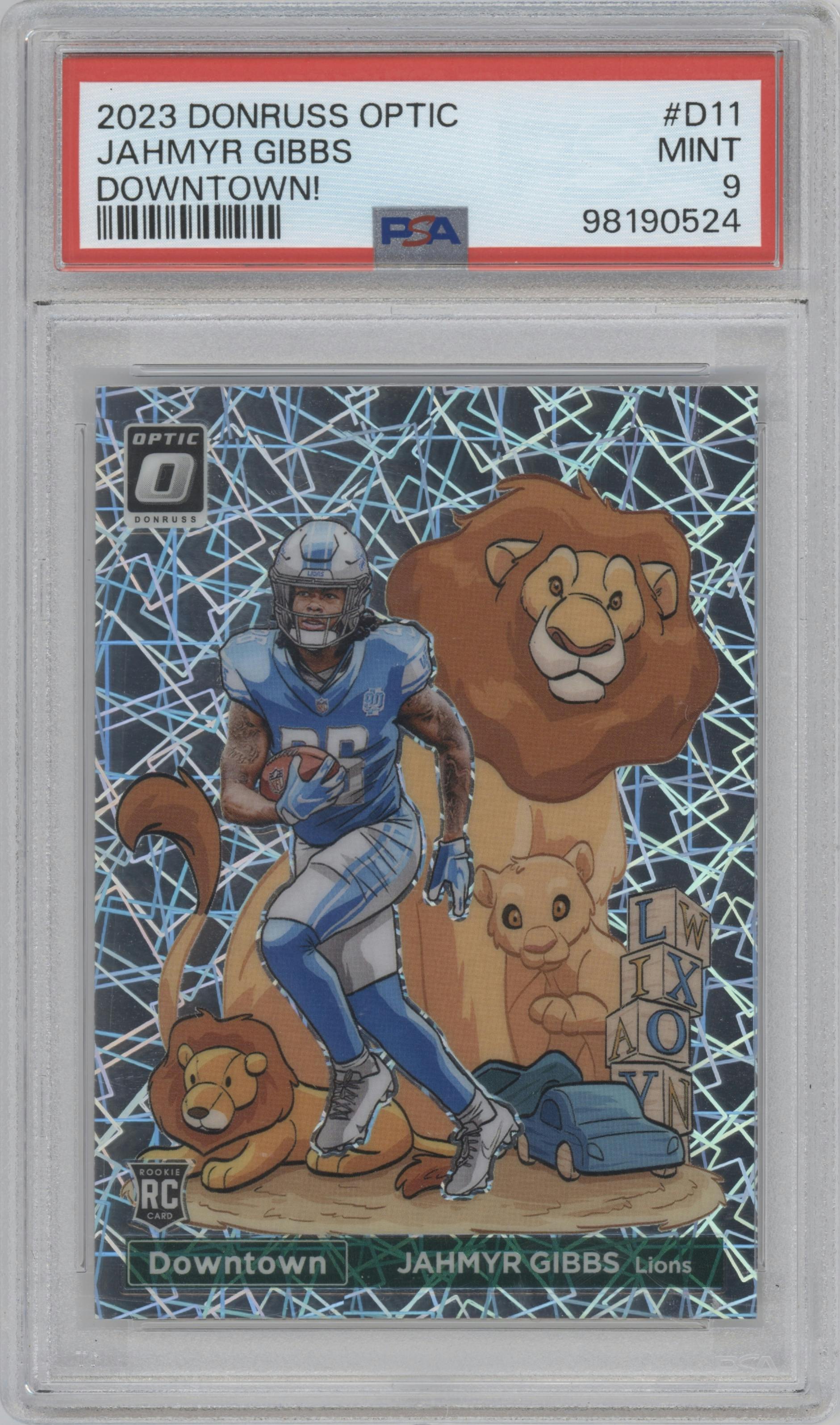 Jahmyr Gibbs from the 2023 Donruss Optic set graded by PSA and given an overall grade of 9.
