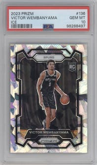 Victor Wembanyama from the 2023-24 Panini Prizm set featuring a Ice Prizm parallel graded by PSA and given an overall grade of 10.